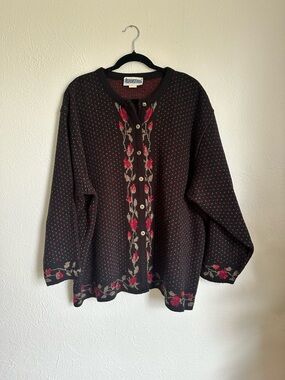 Vintage Black Floral Button-Up Knit Cardigan